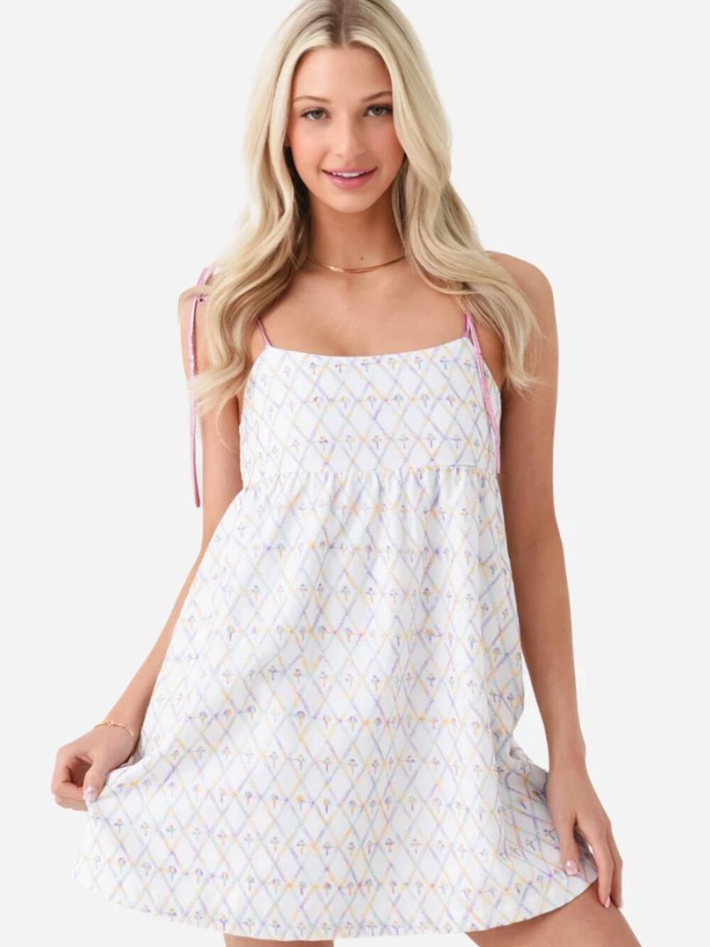 Koch Alexis Dress White Pastel Print Pink Tie Strap Mini Dress